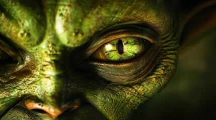   A tight shot of a green creature's face reveals its unusual left eye