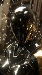   A tight shot of an individual clad in black and golden attire, featuring a helmet, against a backdrop of intricate metal structures