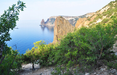 Top view on Jasper Beach in Crimea. The reserve on the Black Sea. Cape Fiolent, Crimea . - obrazy, fototapety, plakaty