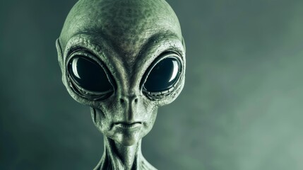   A tight shot of an alien head, featuring large eyes and a frowning expression against a green backdrop