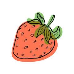 Doodle red strawberry on white background. For cosmetics design, food, childrens dishes, textiles, backgrounds. Vector illustration drawn by hand.