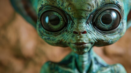   A tight shot of an alien statue with oversized eyes and an expression of astonishment - obrazy, fototapety, plakaty