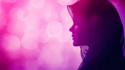   A woman's face, tightly framed, against a backdrop of softly blurred pink and purple lights