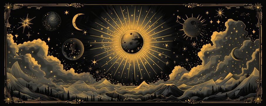 Tarot card style with moon and stars , starry night sky, whimsical beautiful moon and stars illustrations background wallpaper. moon and stars illustration for prints wall arts and canvas.