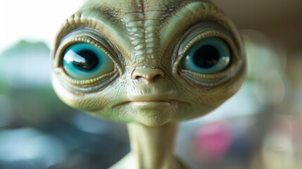   A tight shot of an extraterrestrial entity with oversized blue eyes and a peculiar expression