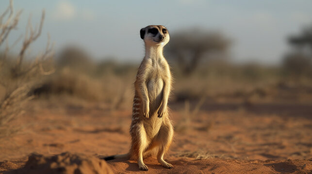 A curious meerkat standing upright on its hind legs, its beady eyes scanning the horizon for any signs of danger.