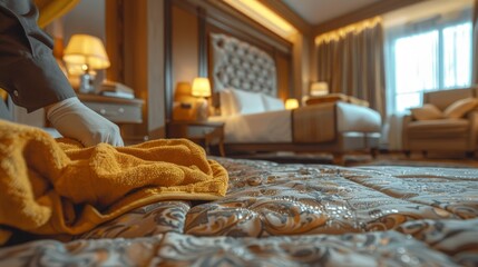 Housekeeper tidying up a luxurious hotel room, focusing on cleanliness
