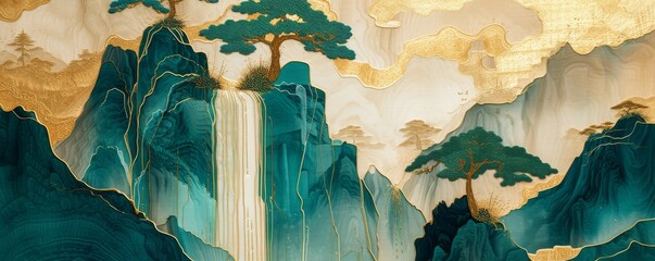 Abstract mountains. Aesthetic watercolor Chinese golden mountain with waterfall background wallpaper. illustration for prints wall arts and canvas.