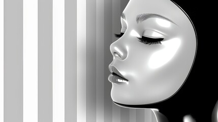   A monochrome image of a woman's closed eyes against vertical striped backdrop