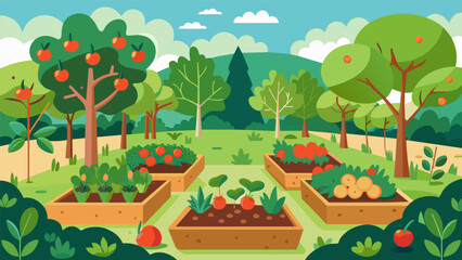 A permaculture forest garden where fruit trees berry bushes and edible plants grow in harmony mimicking the biodiversity of a natural ecosystem.