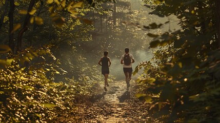 A couple of runners racing down a forest trail