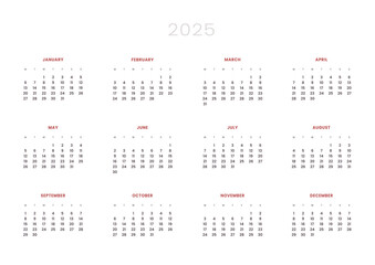 2025 Annual Calendar template. Vector layout of a wall or desk simple calendar with week start Monday. Page for size A4 or 21x29.7