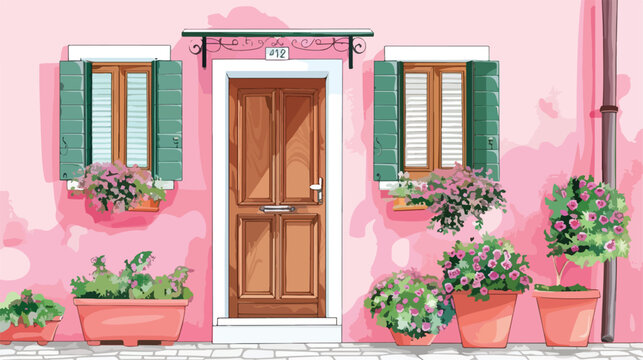 Pink painted façade of the house door and window 