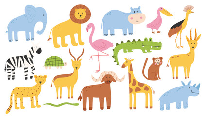 Set of safari animals. Jungle animals collection. African animals. Vector illustration. Flat style.