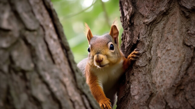 A curious squirrel peering out from behind a tree trunk, its bushy tail twitching with excitement.