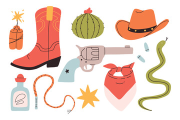 Set of wild west elements. Vector clip arts of wild west cowboy. Collection of isolated texas and arizona elements.