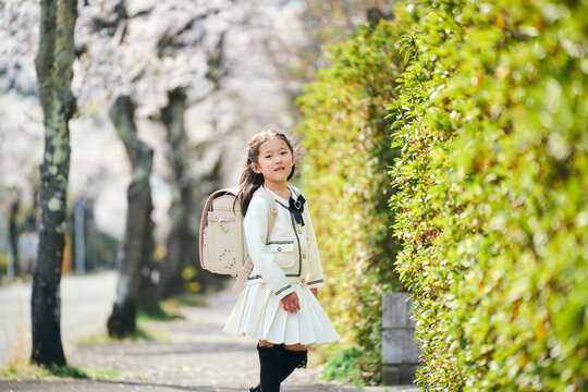 桜並木で記念写真を撮る日本の小学生