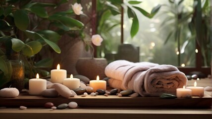 Obraz na płótnie Canvas Stunning spa composition by towel, candle and flowers with beauty products