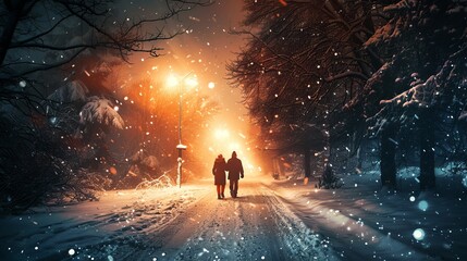 A couple wandering into a winter wonderland