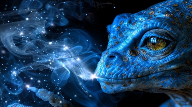   A tight shot of a blue lizard's face exhaling copious amounts of smoke