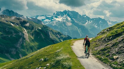 Fototapeta na wymiar A cyclist racing down a mountain path