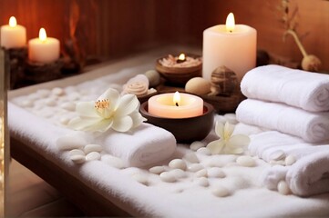 Fototapeta na wymiar Stunning spa composition by towel, candle and flowers with beauty products