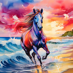 a vibrant watercolor painting of a horse in full gallop on a beach at sunset, with splashing waves and vivid colors in the sky
