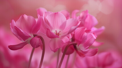 A closeup of pink flowers, with delicate petals and a magenta hue, set against a pink background. The herbaceous plants are in full bloom, showcasing their vibrant blossoms on each twig
