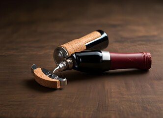 Fototapeta na wymiar Cork screw and wine bottleOpening a wine bottle with a corkscrew in a restaurant 