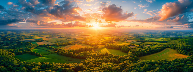 Tranquil Sunrise in Countryside, Misty Morning Light Over Fields, Natural Serenity - obrazy, fototapety, plakaty