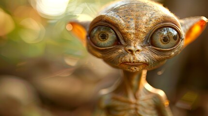   A tight shot of an alien statue with a startled expression, hazy backdrop