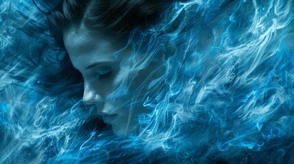   Woman with closed eyes, wind-blowing hair against blue-white background