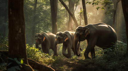 A family of elephants trekking through a sun