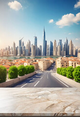 Obraz premium Stone table top with copy space. Blurred modern cityscape background