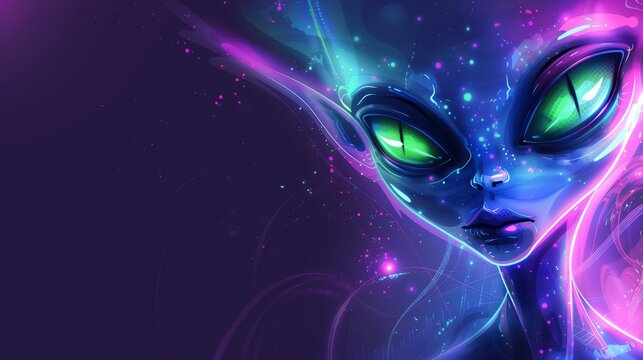   An alien girl with glowing green eyes and glowing pink and purple hair