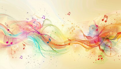 A colorful, abstract background with many musical notes scattered throughout by AI generated image