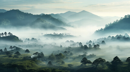 Foggy mountain landscape with sunrise, clouds, and snow, showcasing natural beauty, forests, and blue skies