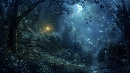 background with forest night with moon
