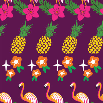 Tropical seamless pattern design, flamingo, flowers and pineapple on purple