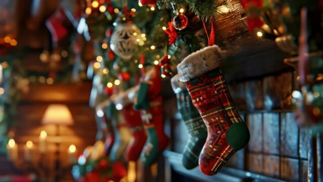 A row of Christmas stockings hanging on a mantle