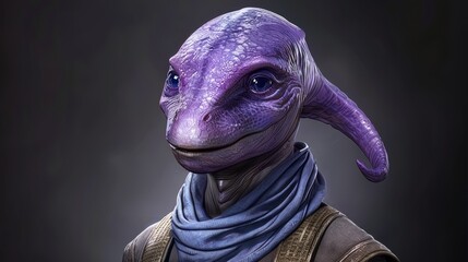   A close-up of a purple creature with a scarf around its neck
