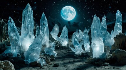   A night scene featuring an ice-covered foreground dotted with numerous crystal formations, and a full moon illuminating the background