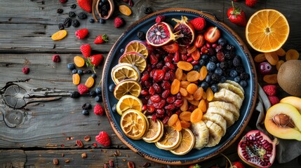 Top view of a wooden table with an assortment of dried fruits spread on a plate