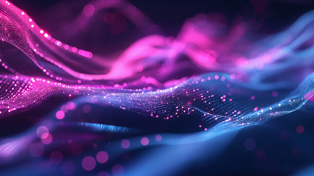 Dynamic waves of pink and blue lights creating a vibrant digital landscape, symbolizing technology and connectivity