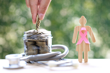 Symbol of breast cancer in women, Womaen and pink ribbon with coins money in glass bottle on green background, Healthcare and medicine concept