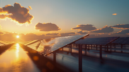 rows of solar panels installed on the surface of the water against the backdrop of sunset