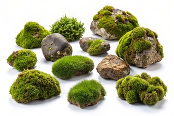 Set of moss-covered rocks in natural settings, cut out, white background