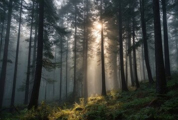 Obraz premium Landscape Green coniferous forest in the fog.