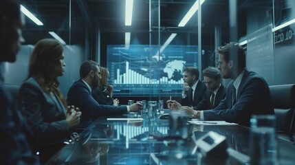 In the office space, a team of businessmen discusses development plans and strategies, agreeing on joint actions to achieve success. - obrazy, fototapety, plakaty