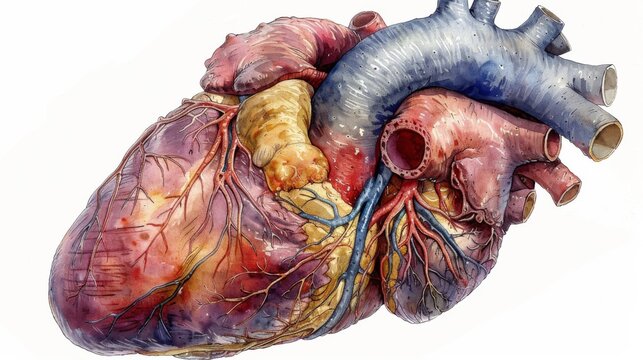 Illustrate the anatomy of the heart, showcasing its chambers, valves, and major blood vessels, such as the aorta and vena